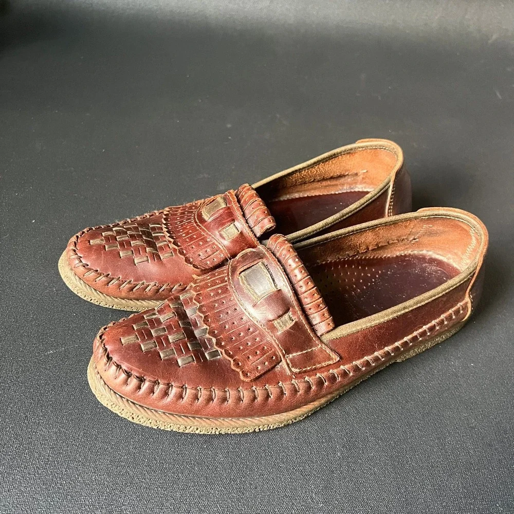 Vtg 70s Slatters Brown Woven Leather Kiltie Loafers 10 Australian Made Heritage
